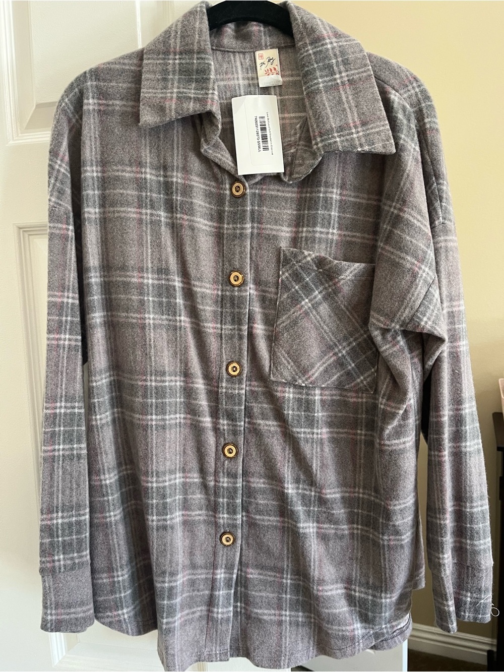 7th Ray Charcoal and Pink Soft Plaid Top